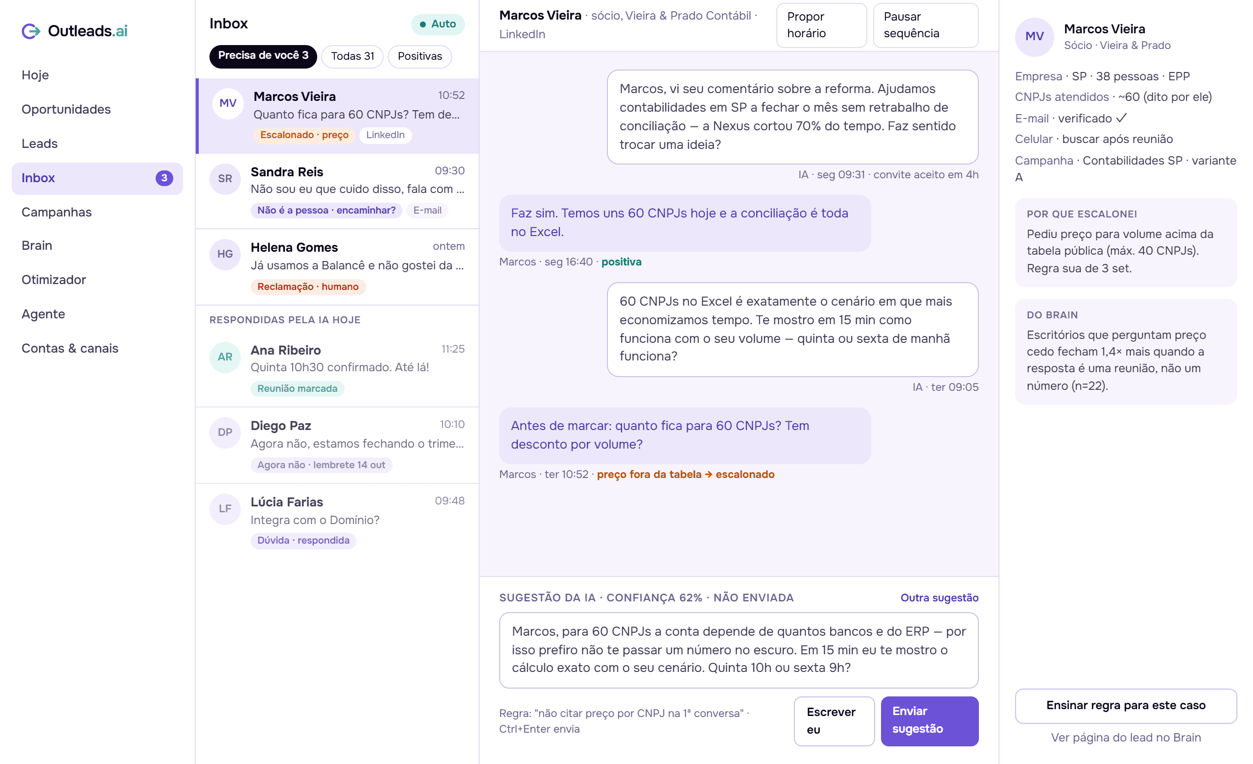 Inbox do Outleads: a IA conversa com o lead, propõe horário e escala para você quando o assunto é preço