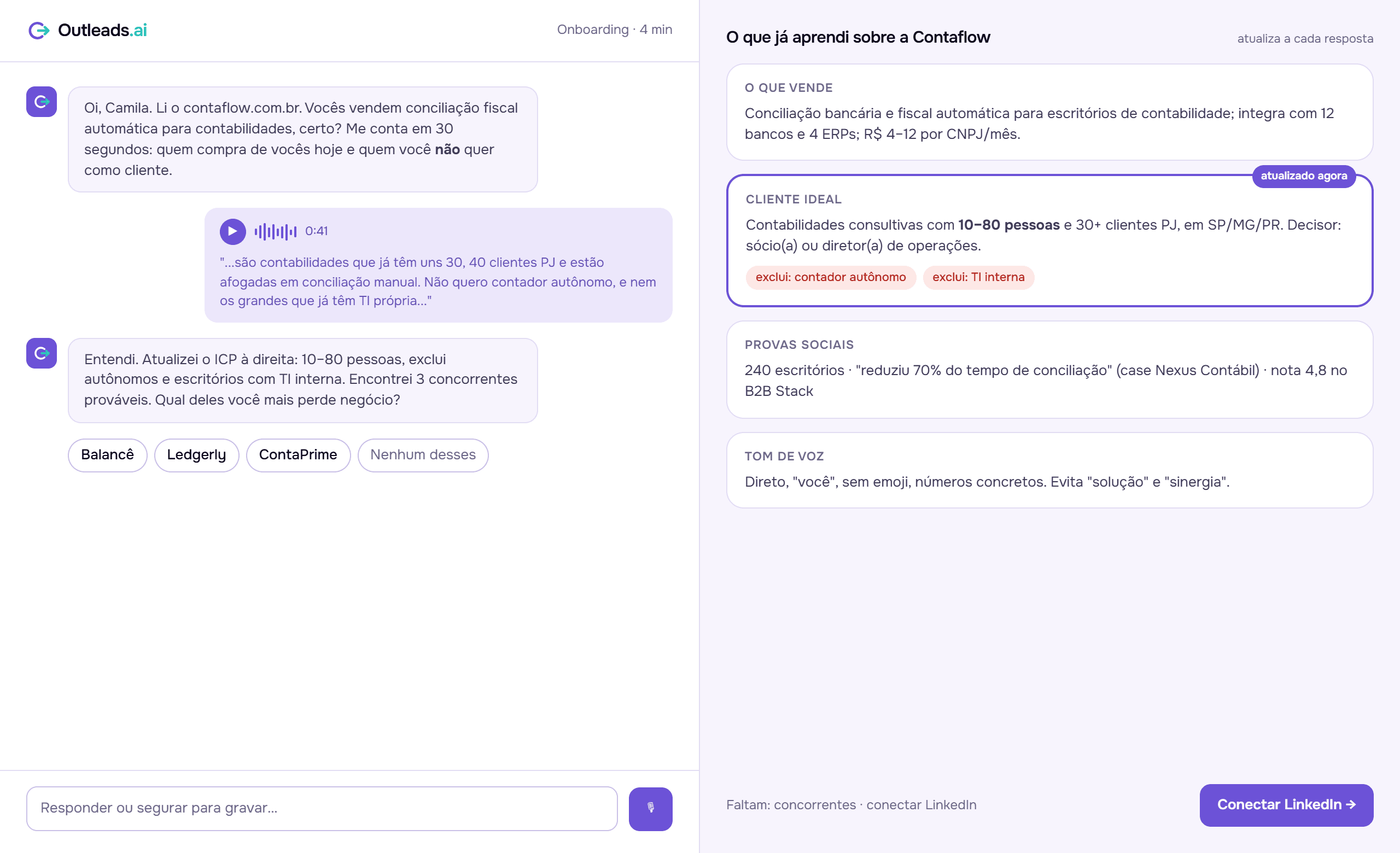 Onboarding do Outleads: a IA conversa com a usuária e monta o perfil da empresa e o cliente ideal ao lado